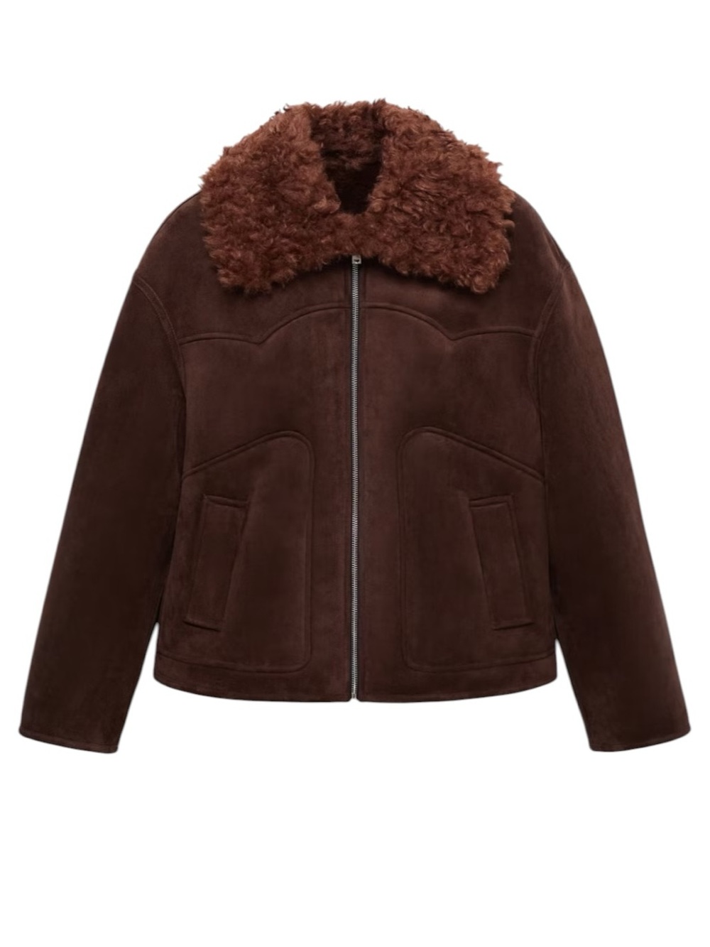 Mango Brown Sherpa Bomber Vegan Suede Jacket Size XXL Brown Cozy Warm Winter